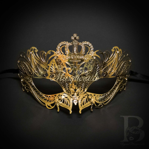 Gold masquerade mask, beyond masquerade, crown masquerade mask, filigree metal masquerade mask