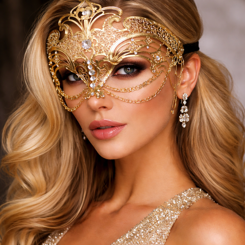 Gold Filigree Masquerade Mask with Rhinestones – Venetian Metal Mask with Chains, Elegant Ball & Cosplay