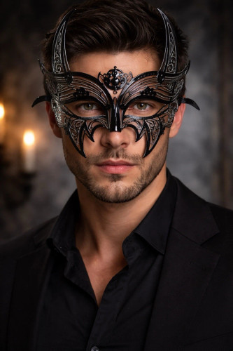 Men All Black Filigree Masquerade Mask Gothic Formal Ball Light Metal Superhero