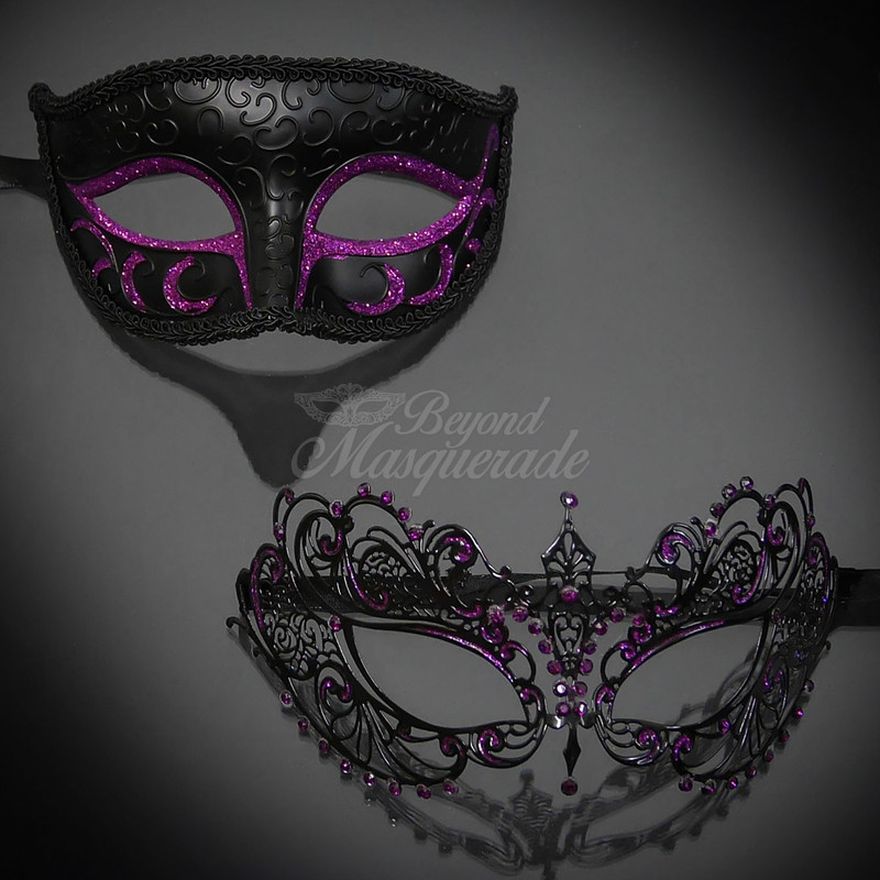 This purple masquerade mask pairs perfectly with a purple prom dress! This is a couple's masquerade mask set and comes with a purple men's masquerade mask.