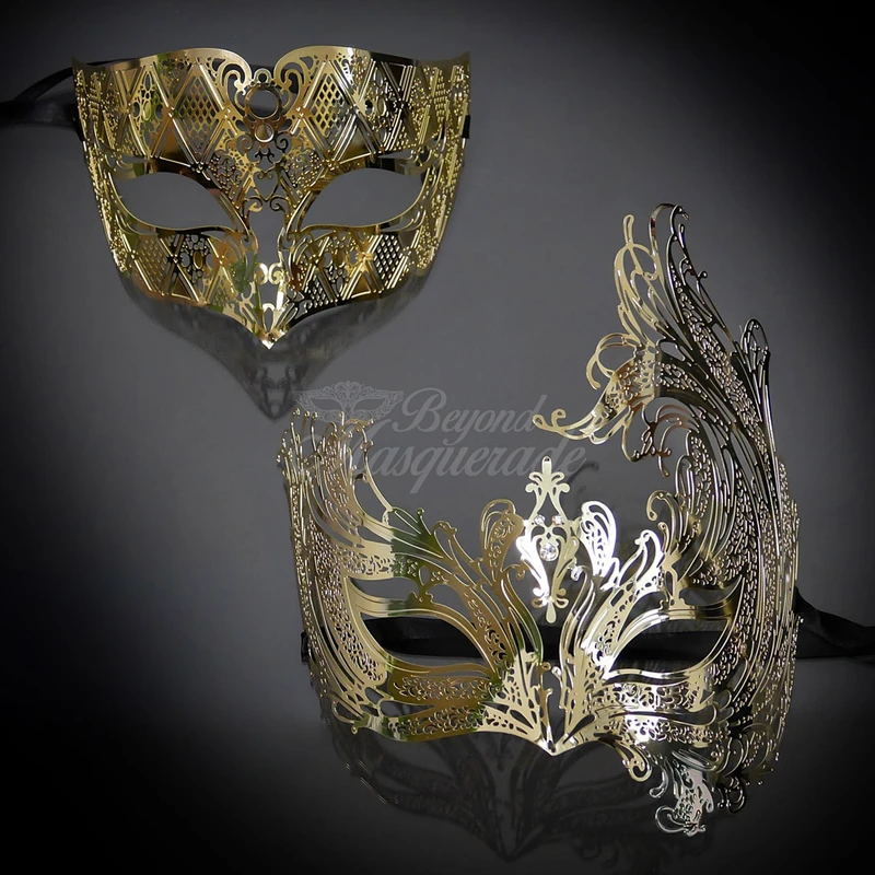 Arrive fashionably late in the most gorgeous set of gold masquerade masks for couples.