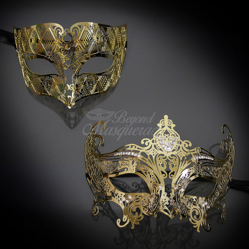 Couples masquerade masks, couple masquerade masks,  masquerade mask, masquerade masks, king and queen masquerade masks, masquerade mask, his and hers masquerade masks, Gold accessories are the most gorgeous color to glam up any look. This set of masquerade masks is in gold for couples who are looking for a lavish style.