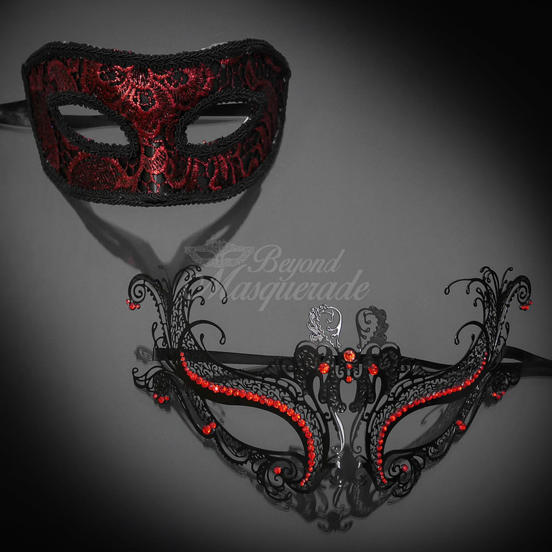 Love colors? We do, too. This couple's mask set will be perfect to wear to mardi gras masquerade events. This set is in black and red masquerade masks.