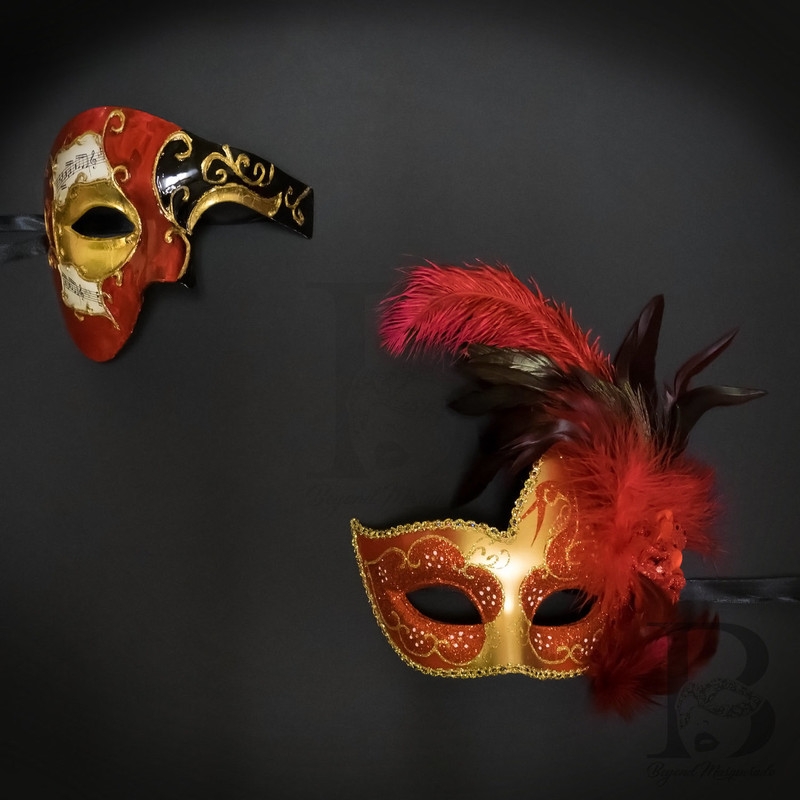 Red Gold Couple's masquerade masks and matching masquerade masks for prom.