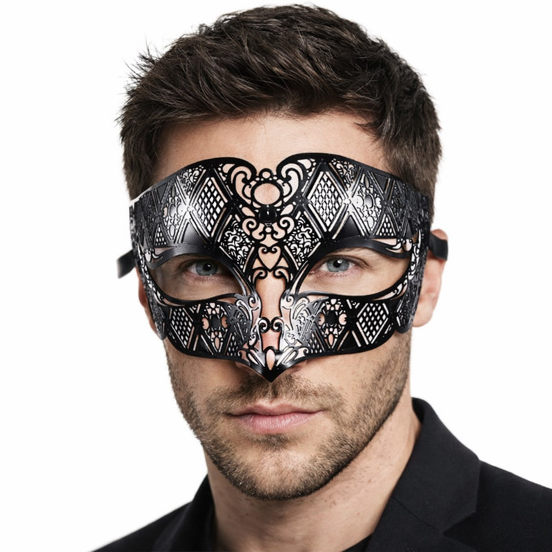 Men’s Black Laser Cut Metal Masquerade Mask – Venetian Filigree Phantom Mask Elegant Mardi Gras, Halloween, Masquerade Party Costume
