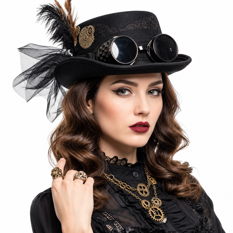 Women’s Steampunk Gothic Top Hat with Goggles, Feathers & Gears – Victorian Halloween Cosplay Costume Hat