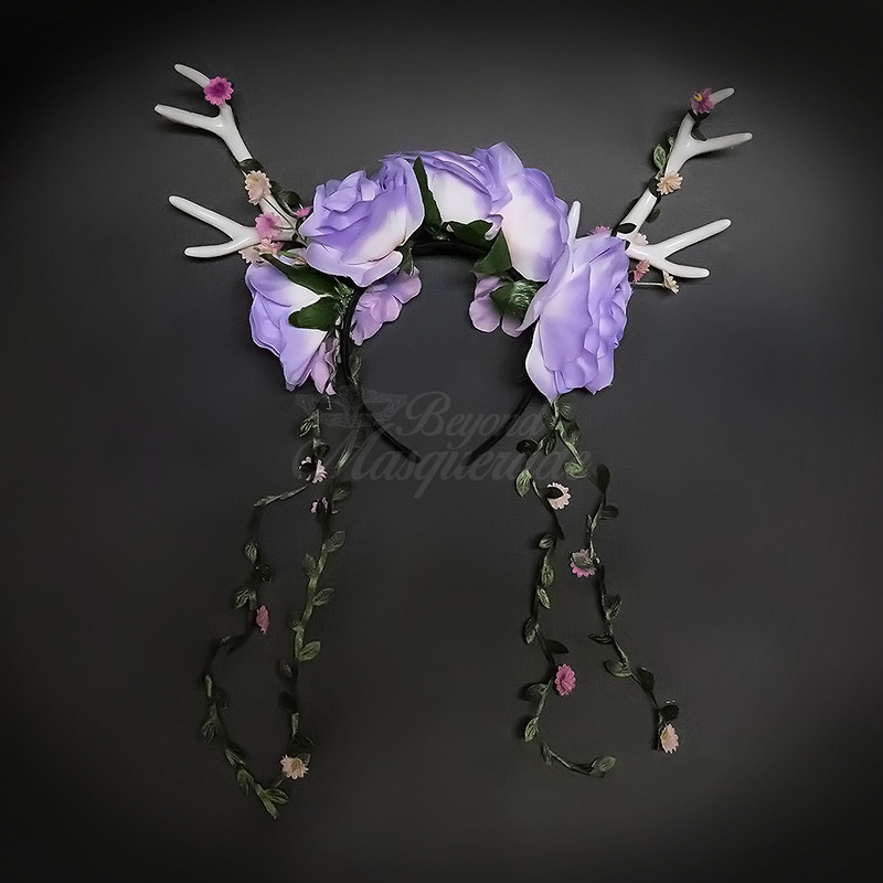 Deer antlers headband, white deer antler headband, purple roses with vines.