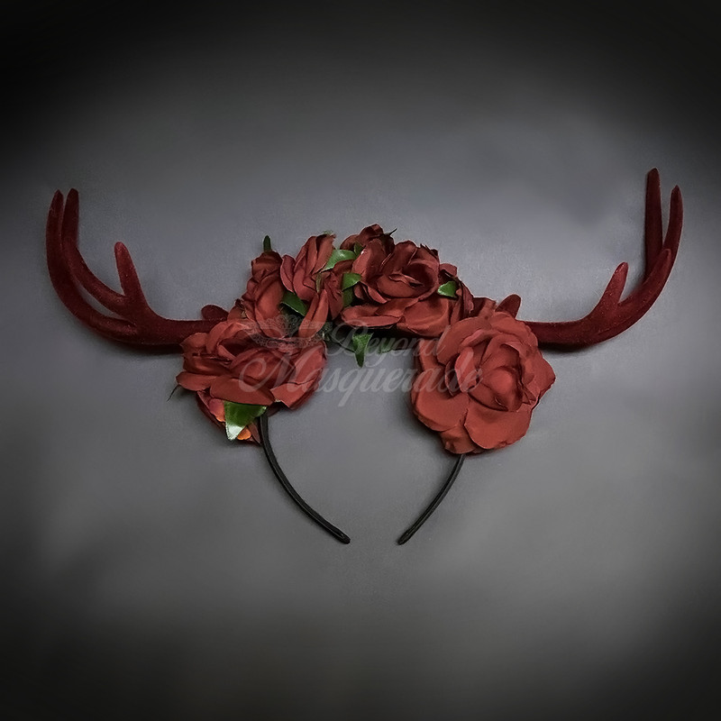 Deer antlers for Christmas, antlers and horns for Halloween costume, Red roses day of the dead accessories.