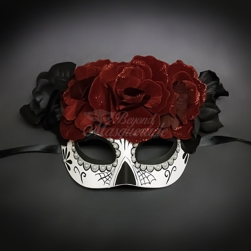 Day of the dead mask, red roses, day of the dead masks, dia de los muertos mask.