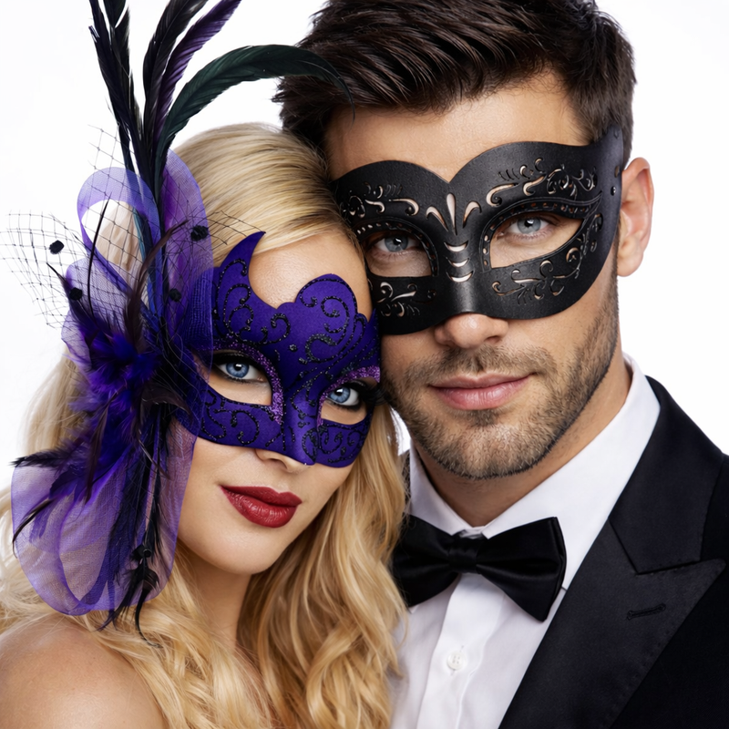 Purple & Black Masquerade Masks Couple Elegant Venetian Costume Masks for Couples Feather Design Party Halloween Cosplay
