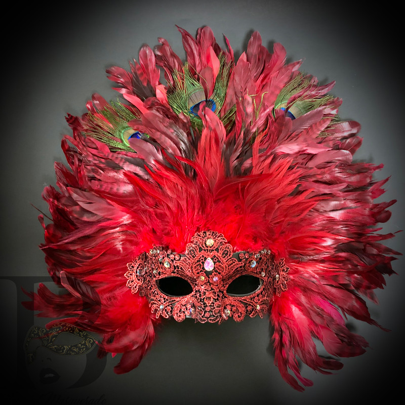 Red feather masquerade masks, large feather mask, carnival masquerade mask, mardi gras party masks, mardi gras masquerade masks Red feather masquerade masks, large feather mask, carnival masquerade mask, mardi gras party masks, mardi gras masquerade masks