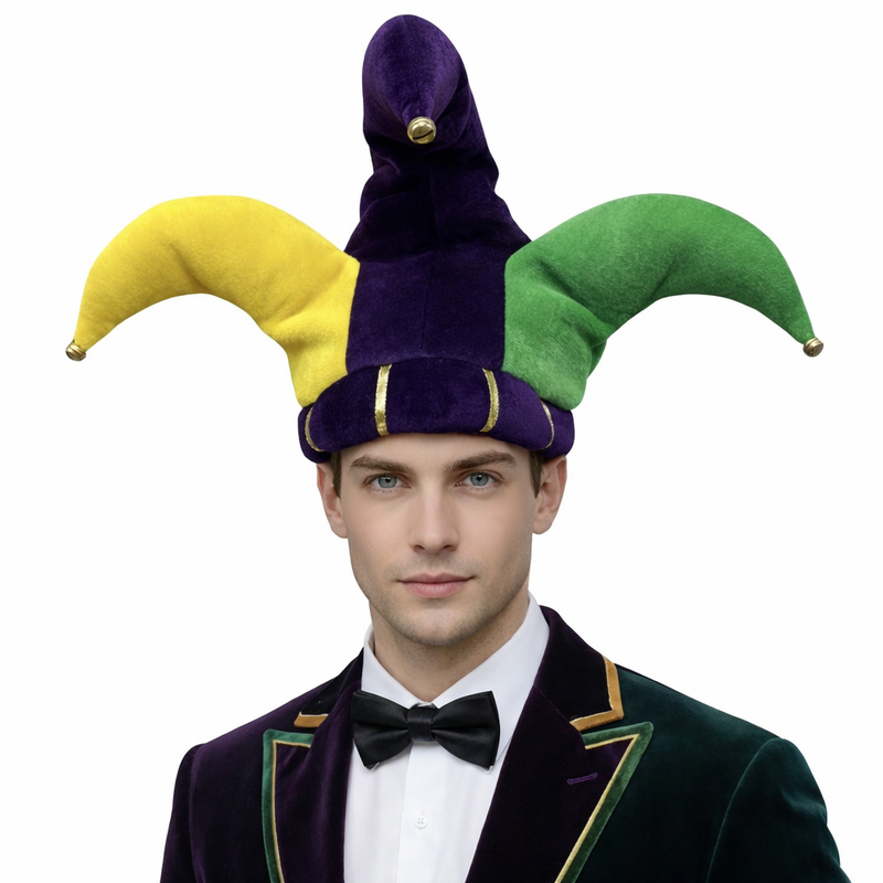 Mardi Gras Unisex Jester Hat – Plush Purple, Green & Gold Statement Headpiece