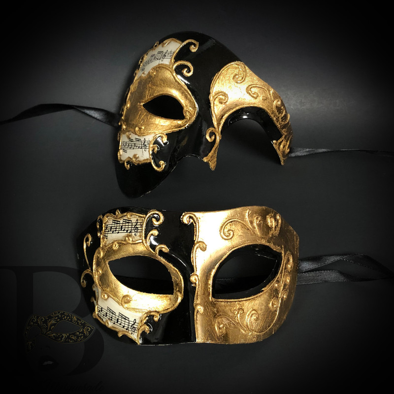 couple's masquerade masks, gold and black masquerade masks, gold masks, phantom masks.