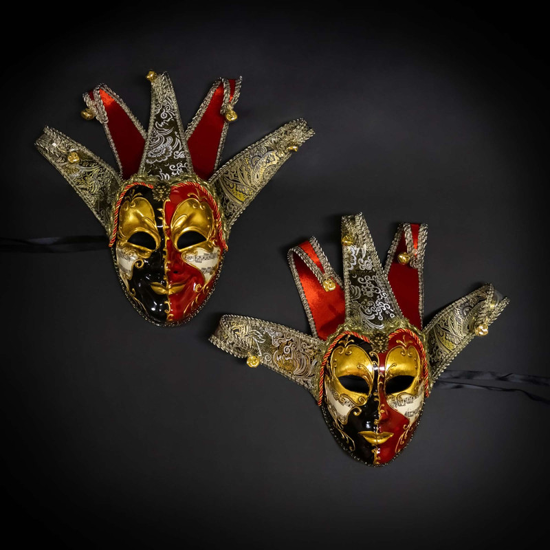 Couple's Venetian jester mask, masquerade jester  costume ball mask, black gold red jester masquerade mask
