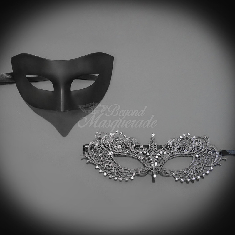 Christian Grey black masquerade mask for men paired with a silver lace masquerade mask for ladies. Christian Grey mask, Christian Grey, Ana Steele mask, fifty shades darker mask, fifty shades darker ana steele mask, ana steele masquerade mask, lace mask, lace masquerade mask, white lace masquerade mask, lace masque, masque, lace masquerade masks