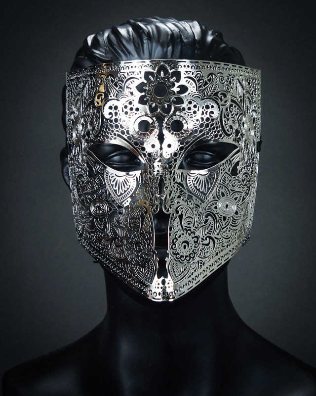 New Full Face Lace Metal Masquerade Mask Silver