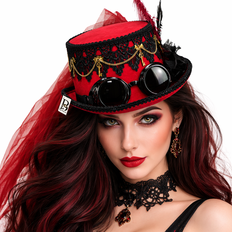 Red Steampunk Victorian Top Hat with Goggles Gothic Lace Key Chain Hat Masquerade Cosplay Costume Accessory