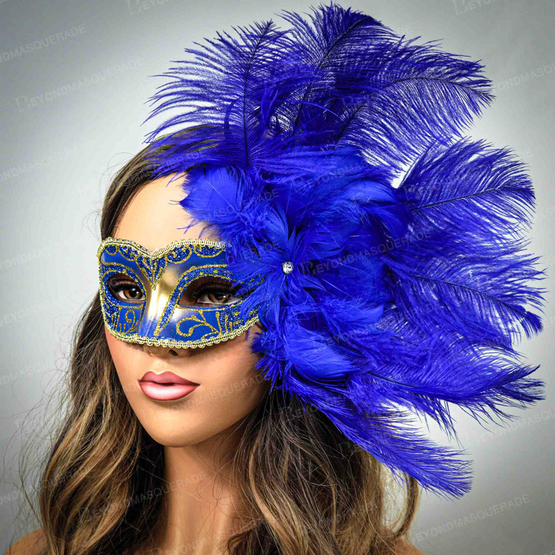 Feather Masquerade Mask, Mardi Gras Mask, Gold & White Mask With