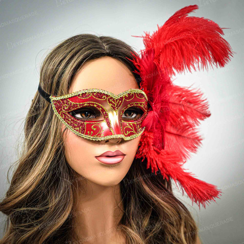 Feather Masquerade Masks Halloween Face Mask Feathers Masquerade Mardi Gras  Party Mask Red