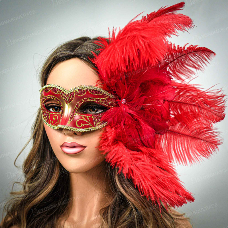 black and red masquerade mask with feathers
