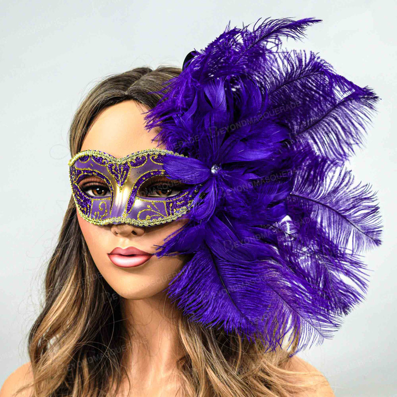 Cute & Elegant Purple Green Yellow Feather Swan Mardi Gras Masquerade Mask