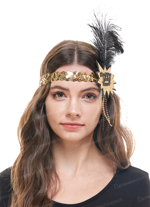 new years headband headdress flapper party headpiece beads feather