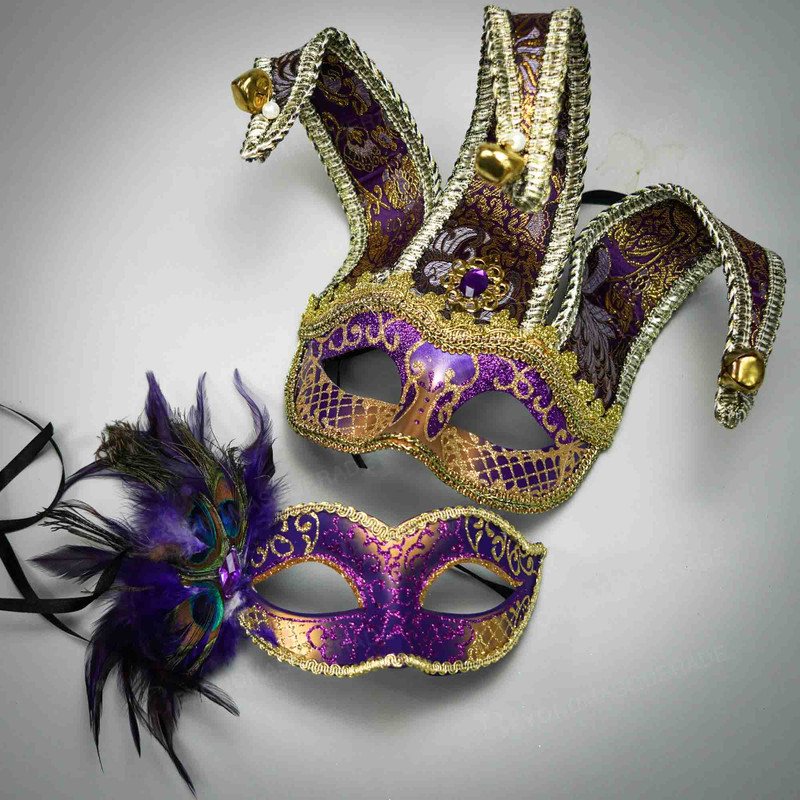 mardi gras masks, couples masquerade masks, jester masks, jolly jester masks, venetian carnival mask, party mask, large feather masquerade masks, purple feather masquerade mask, large feather mask, carnival masquerade mask, mardi gras party masks, mardi gras masquerade masks