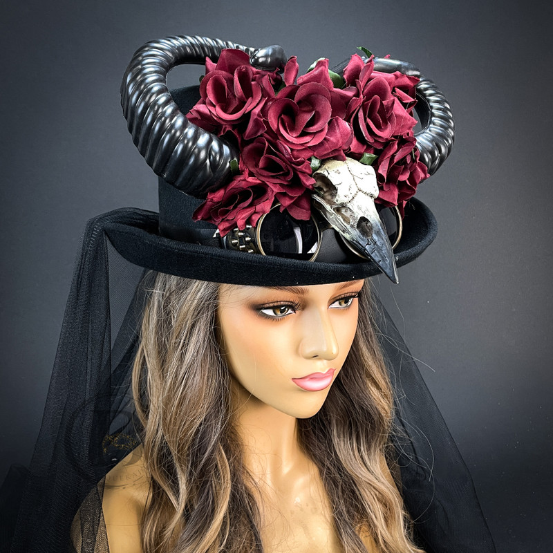 Ram Skull Horns Steampunk Costume Hat Headpiece Top Hat Plague Doctor Florals Black Cosplay Hat by Beyond Masquerade