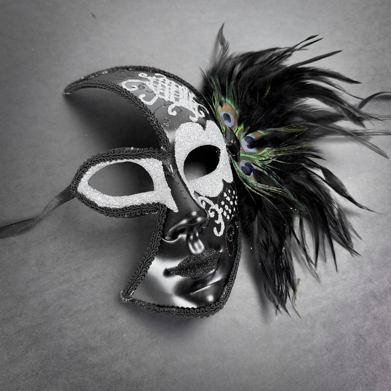 Women Side Feather Phantom Masquerade Mask Silver Black