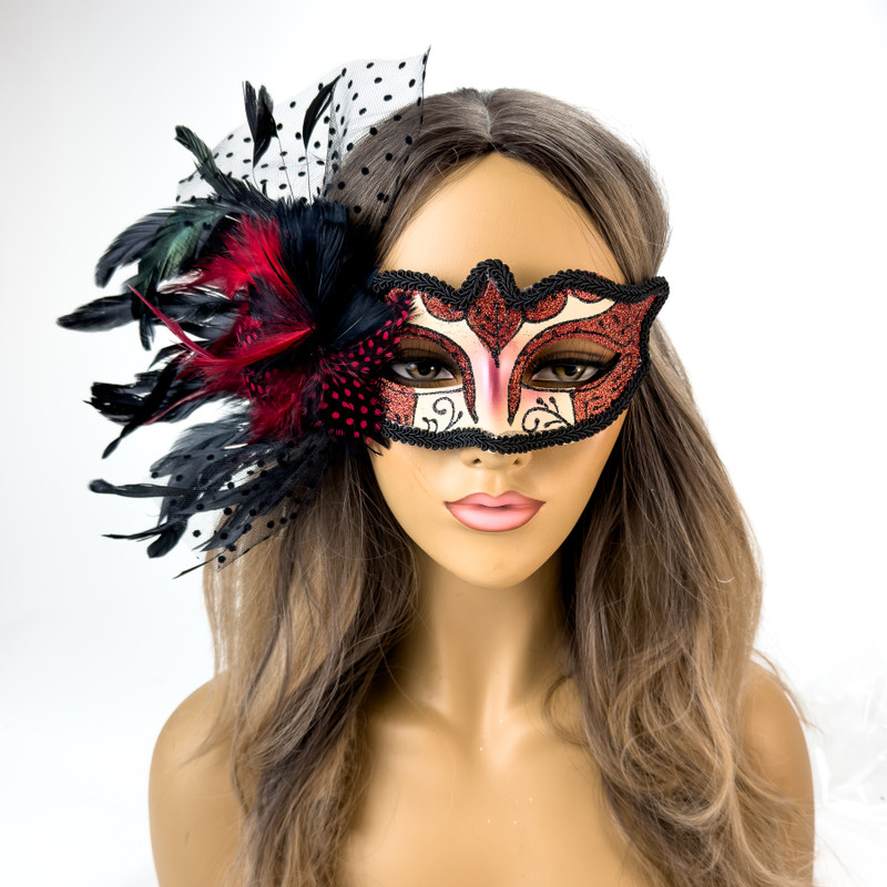 Black Red Feather Masquerade Mask for Women, Lace Mask, Metal