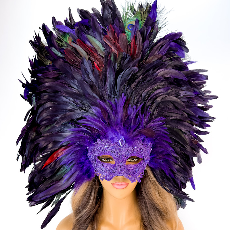 Venetian Carnival Large Feather Masquerade Mask Mardi Gras Yellow Purple Green