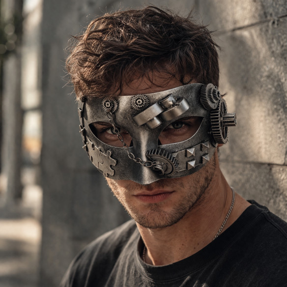Steampunk Masquerade Mask for Men Silver Gear Mechanical Mask – Gothic Cosplay Halloween Costume