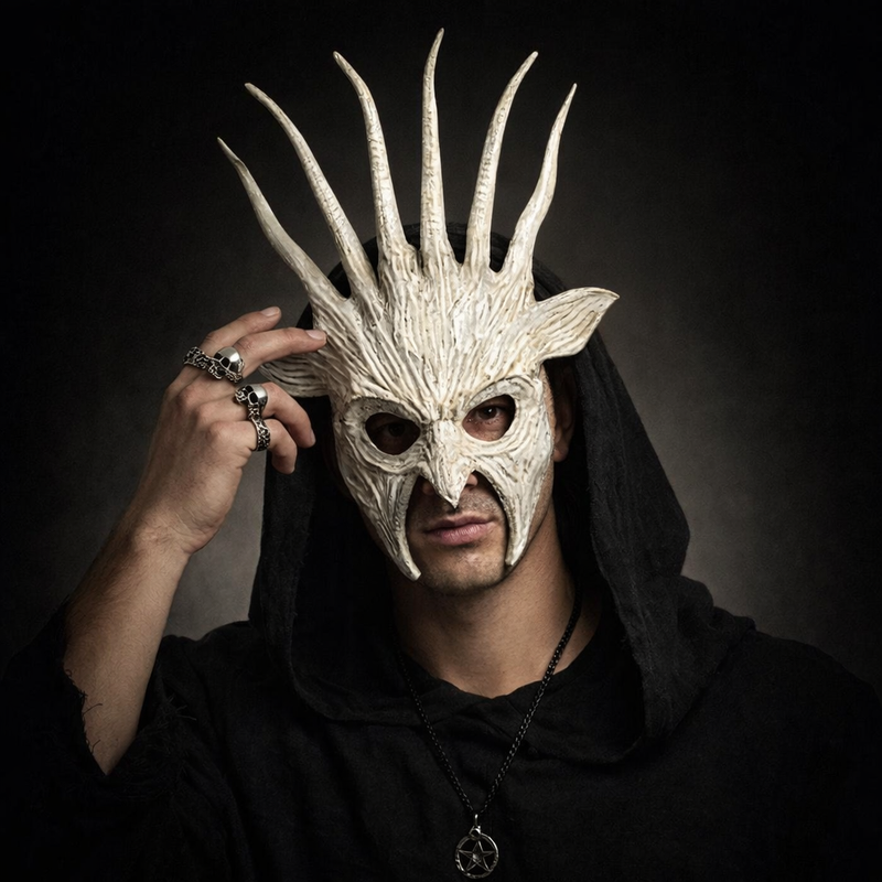 Men’s White Woodoo Demon Mask with Horns Dark Fantasy Masquerade Halloween Costume