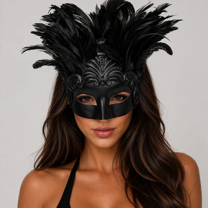 Black Feather Venetian Masquerade Mask – Roman Greek Goddess Inspired, Elegant Carnival & Halloween Costume