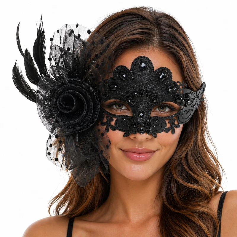Black Masquerade Mask for Women – Venetian Lace Mask with Feathers & Rhinestones