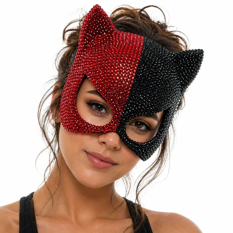 Luxury Red & Black Crystal Cat Mask – Sexy Masquerade Costume Mask