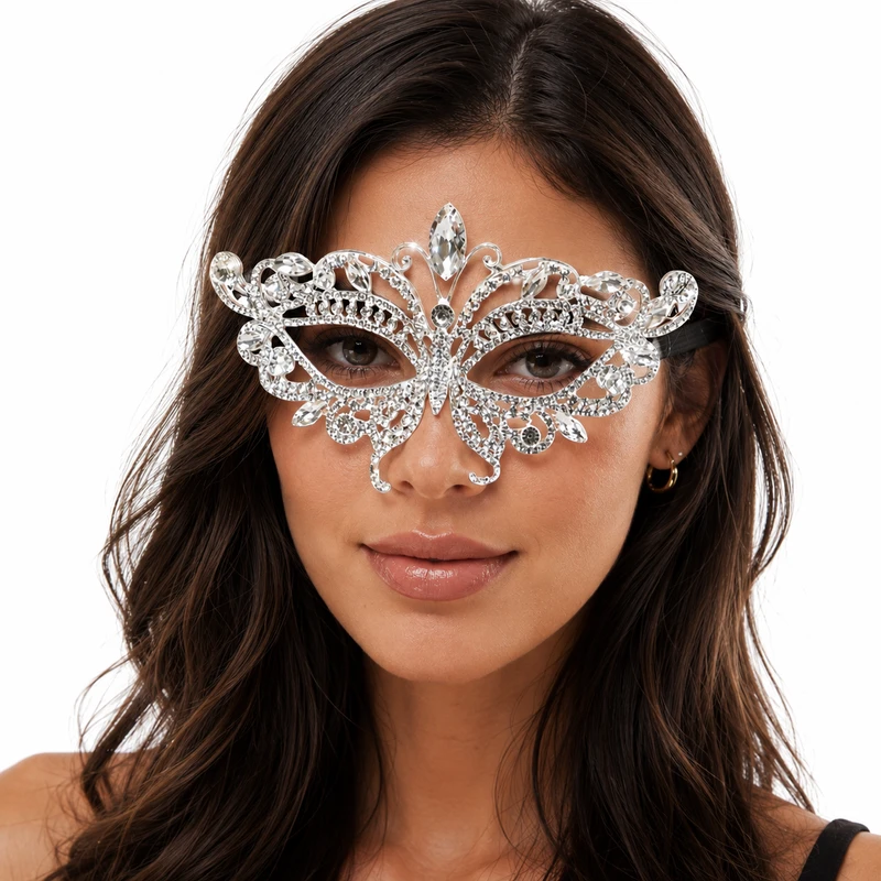 Silver Rhinestone Masquerade Mask for Women – Crystal Venetian Butterfly Costume Mask