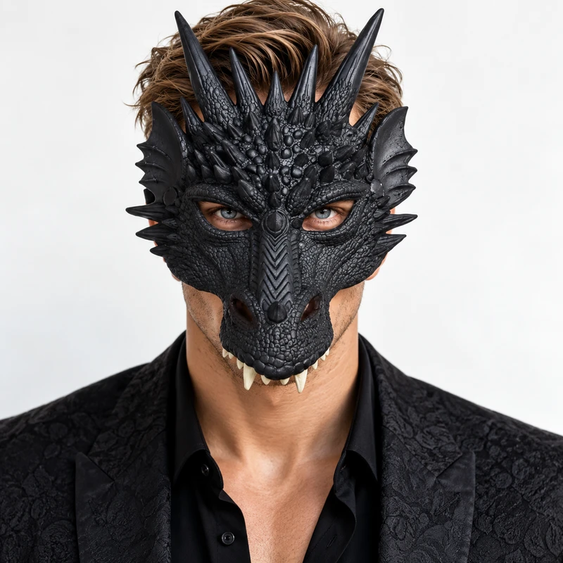 Black Dragon Mask for Men – Horned Reptile Fantasy Masquerade Halloween Costume Mask