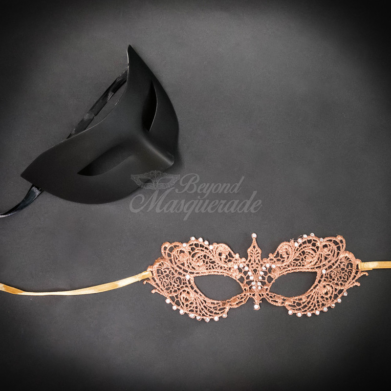 Our favorite couple's masquerade masks in rose gold and black. Men's most popular masquerade mask for it's simple structure but charming wear. The women's masquerade mask is in rose gold made of macrame lace material.