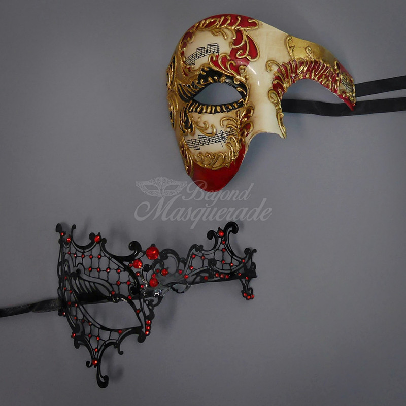 Exotic masquerade masks for couples, this set is a set for couple's looking for a highly unique pair of venetian masquerade masks. The phantom masqueradae masks come in gold, black and red. Exotic masquerade masks for couples, this set is a set for couple's looking for a highly unique pair of venetian masquerade masks. The phantom masqueradae masks come in gold, black and red.