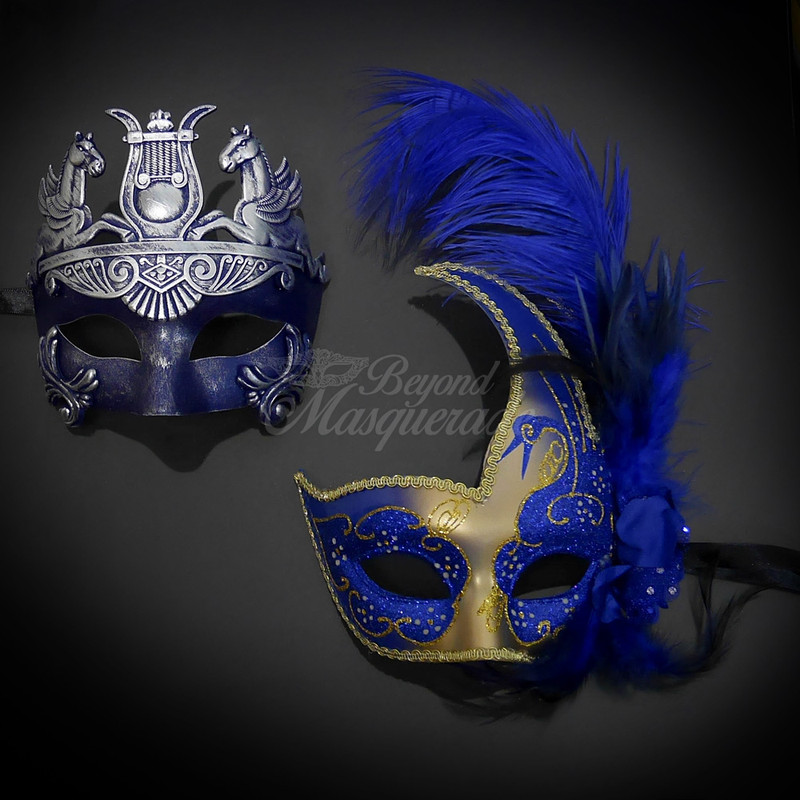 Blue and gold feather masquerade mask is perfect for mardi gras events and masquerade ball parties. The mask comes with a silver and blue masquerade mask for men.
