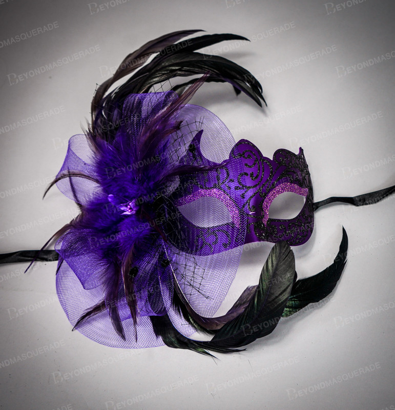 Purple black feather Masquerade masks for masquerade ball party masks. Couple’s masquerade masks for men and women.