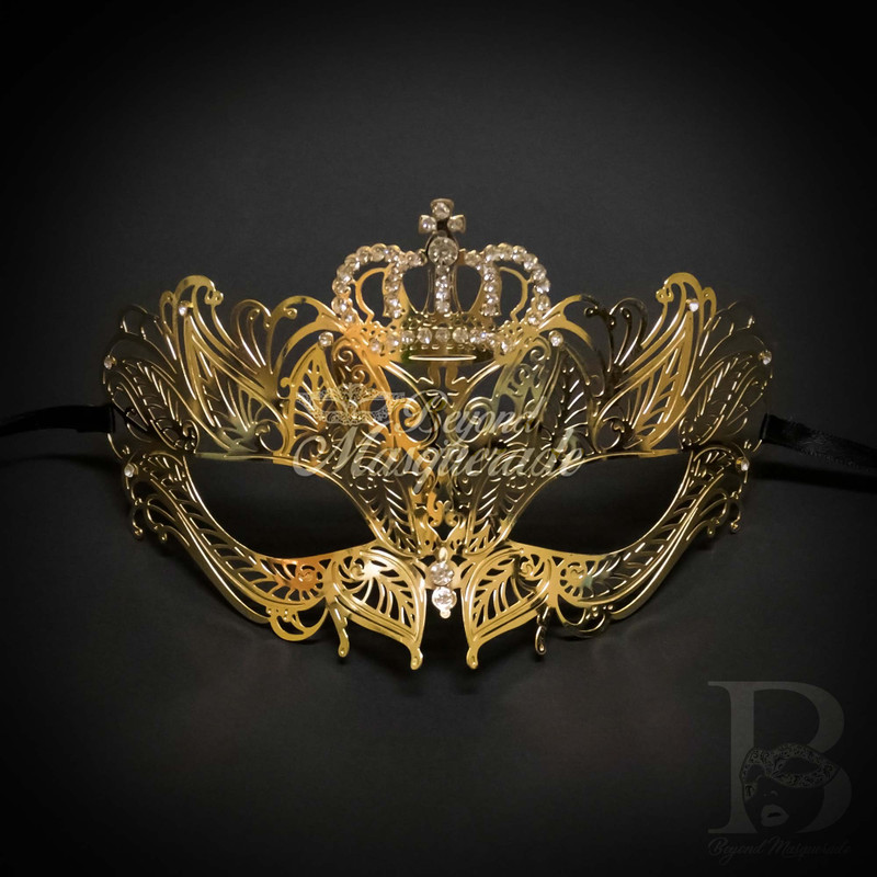 Gold masquerade mask, beyond masquerade, crown masquerade mask, filigree metal masquerade mask