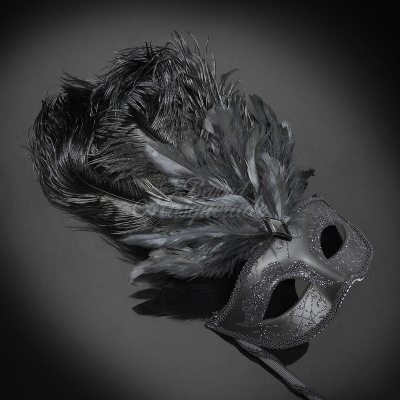 Black Metal Masquerade Mask Feathers M7139BF