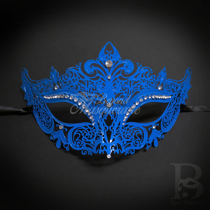 Blue laser cut masquerade, female masquerade masks, filigree metal masquerade ball mask