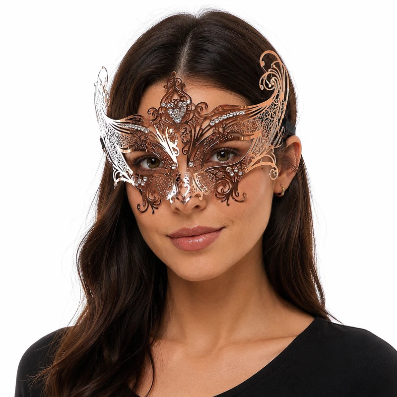 Rose Gold Masquerade Mask for Women – Venetian Filigree Rhinestone Mask