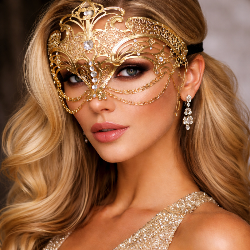 Gold Filigree Masquerade Mask with Rhinestones – Venetian Metal Mask with Chains, Elegant Ball & Cosplay