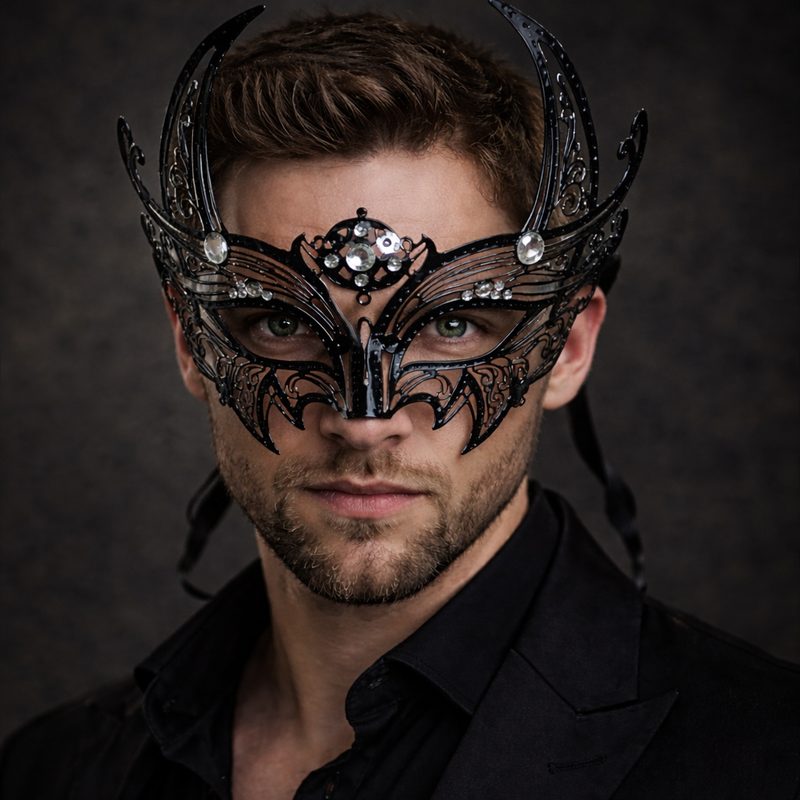 Black Venetian Masquerade Mask for Men Gothic Metal Filigree Mask with Rhinestones Phantom Ball, Halloween, Prom, Cosplay Costume Mask