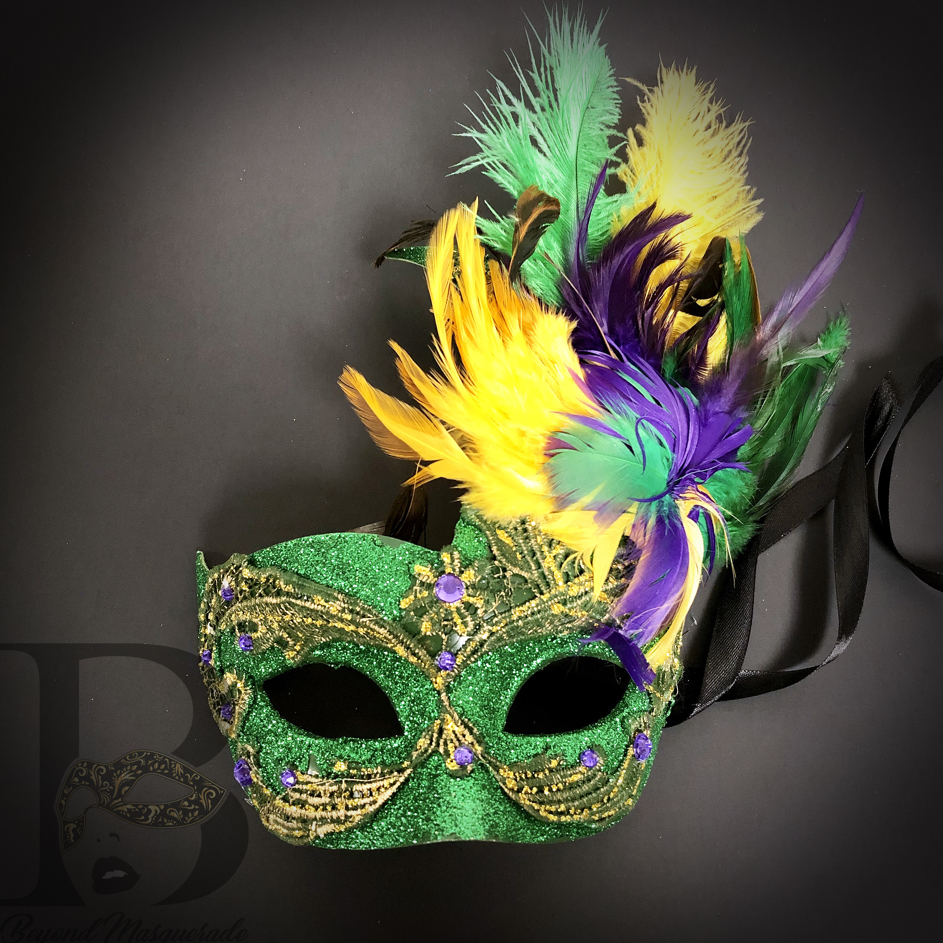 Venetian Glitter Crystal Mardi Gras Mask with Peacock Large Feather - Green  Yellow