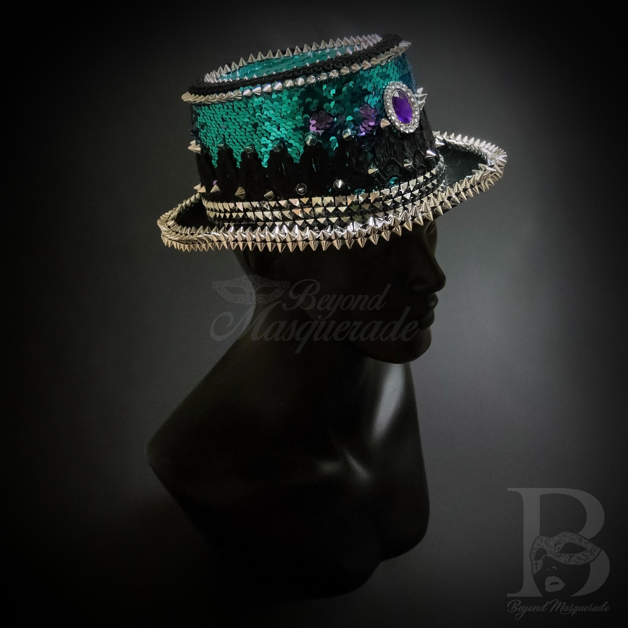 Beyond Masquerade Steampunk Hat: Costume Cosplay Hat with Sequins, Spikes and Gems Iridescent Teal and Purple